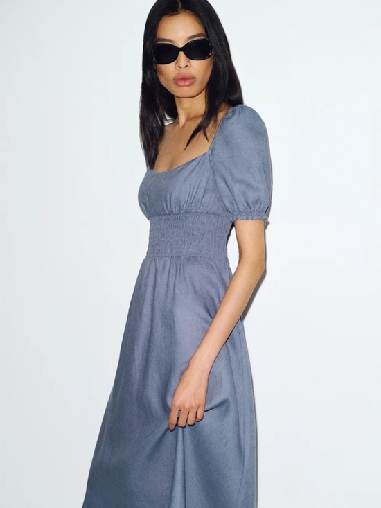 Reformation Dresses & Skirts - NEW Reformation Adler Linen Midi Smocked Puff Sleeve Dress Cornflower Blue US 2